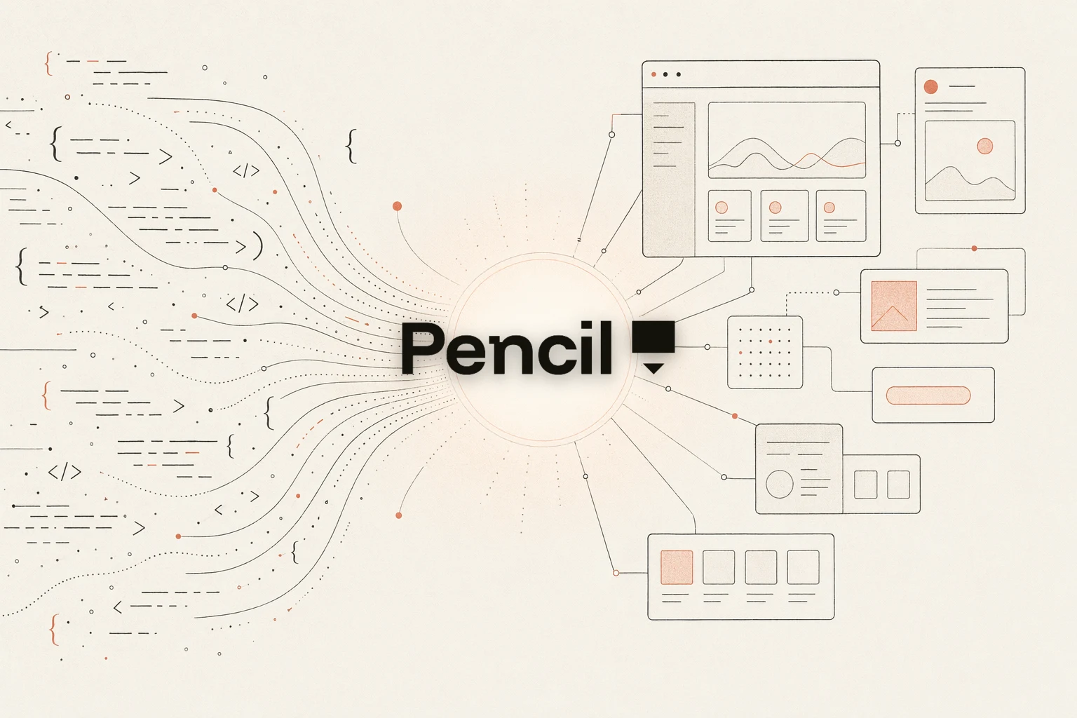OpenDesign vs Pencil.dev — warm-paper editorial illustration of a design canvas converging into a repo of files you own